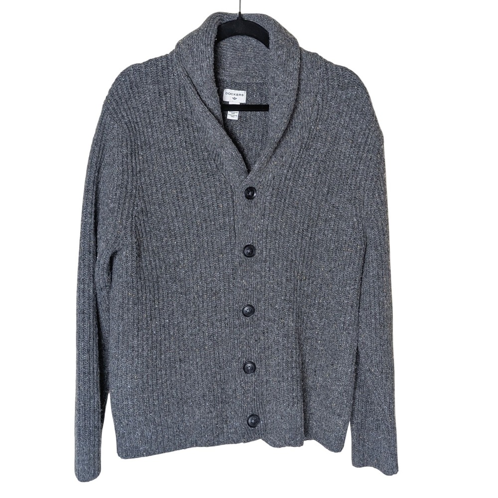 Dockers Gray Shawl Collar‎ Button Front Mens Cardigan Sweater Size L Grandpa